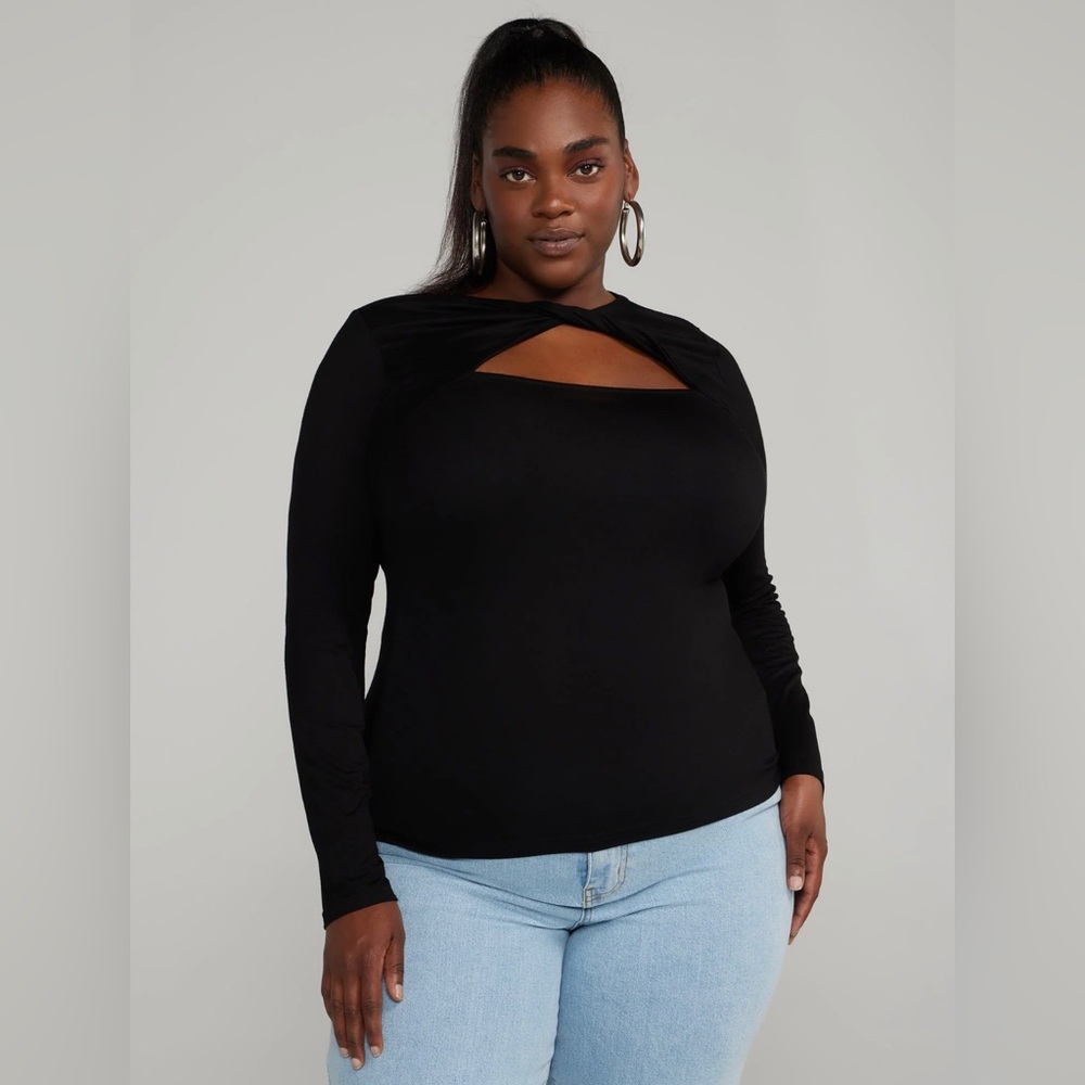 T-Shirt - Long Sleeve Twist Neck Cutout-Detail Top, Black, 2X NWT
